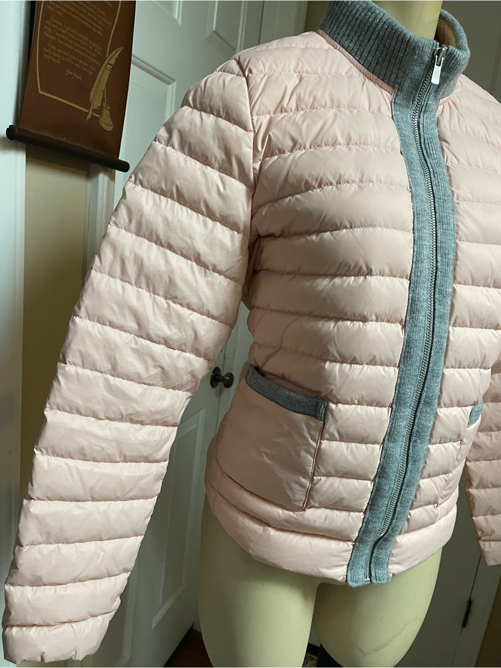 Light Pink Valencia Quilted Puffer Jacket with Gray Trim - Picture 3 of 8